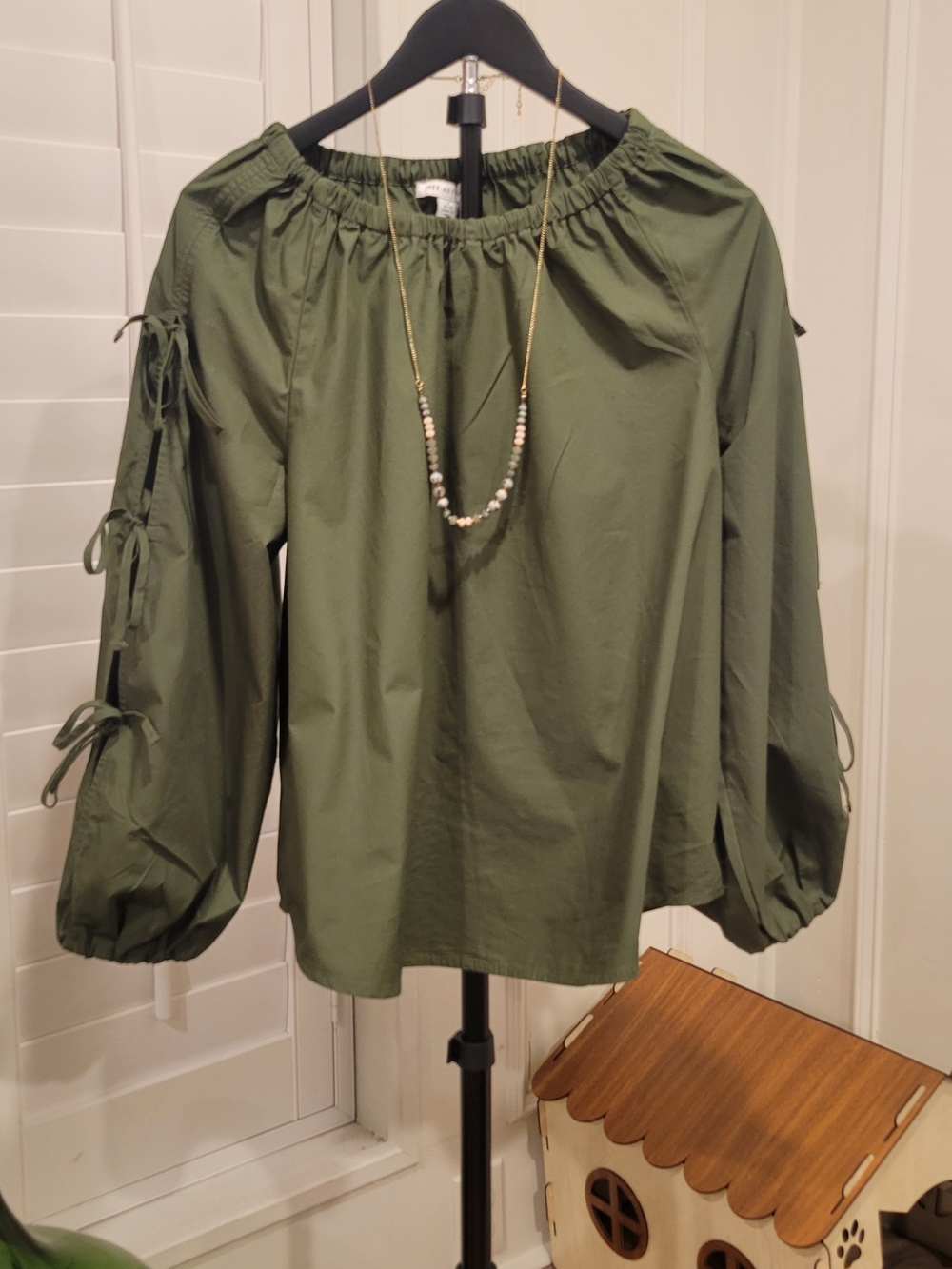 Olive Green Off-Shoulder Peasant Blouse with Tie-Sleeves
